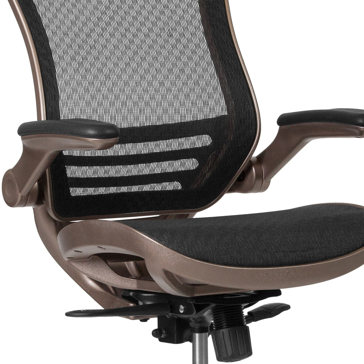 Black Mesh/Gold Frame |#| Black Mid-Back Mesh Drafting Chair with Melrose Gold Frame and Flip-Up Arms