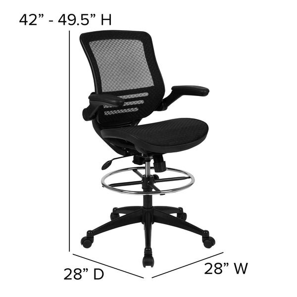 Black Mesh/Black Frame |#| Black Mid-Back Transparent Mesh Drafting Chair with Black Frame and Flip-Up Arms