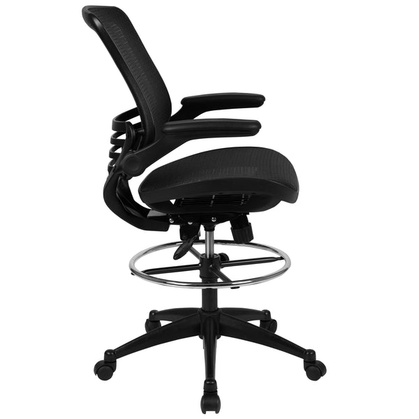 Black Mesh/Black Frame |#| Black Mid-Back Transparent Mesh Drafting Chair with Black Frame and Flip-Up Arms