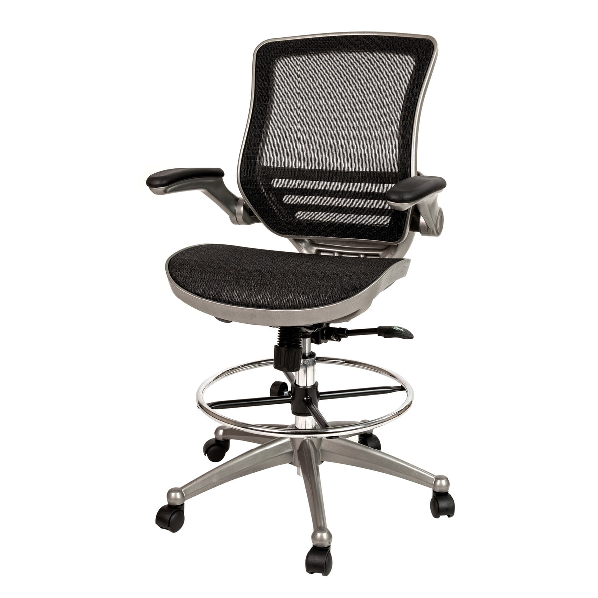 Black Mesh/Graphite Silver Frame |#| Black Mid-Back Mesh Drafting Chair with Graphite Frame and Flip-Up Arms