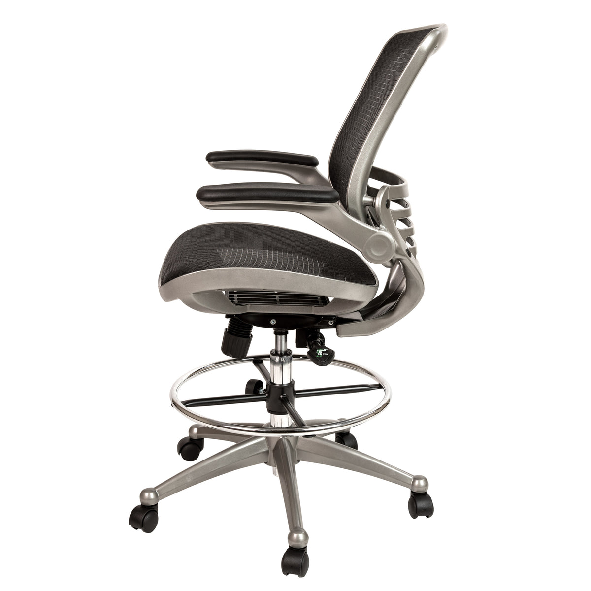 Black Mesh/Graphite Silver Frame |#| Black Mid-Back Mesh Drafting Chair with Graphite Frame and Flip-Up Arms