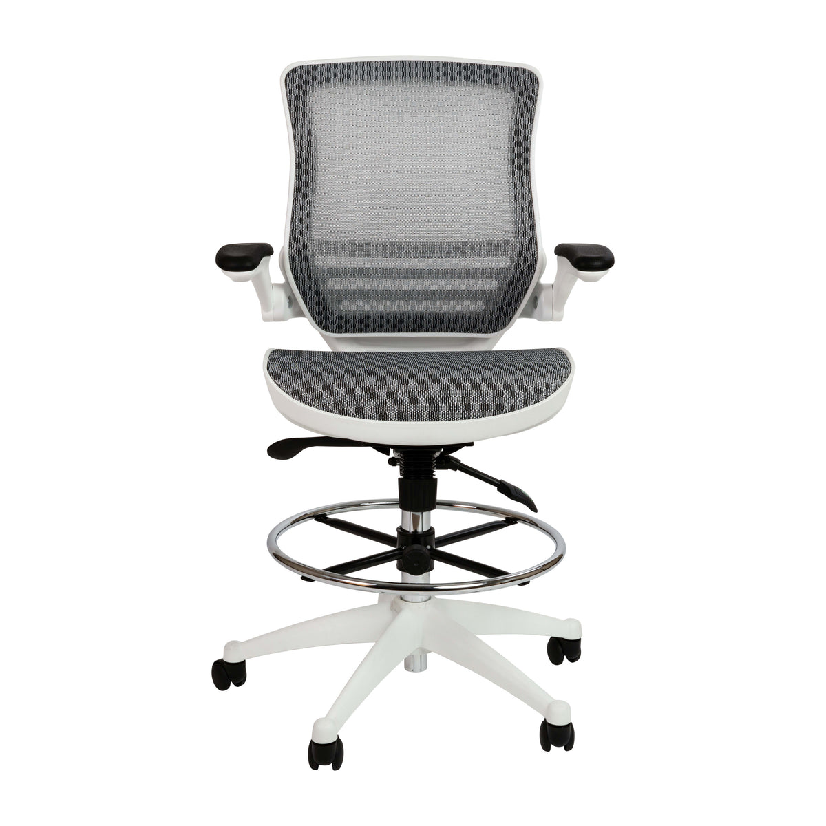 Gray Mesh/White Frame |#| Gray Mid-Back Mesh Drafting Chair with White Frame and Flip-Up Arms