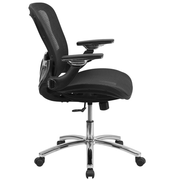 Mid-Back Black Mesh Chair with Synchro-Tilt & Height Adjustable Flip-Up Arms