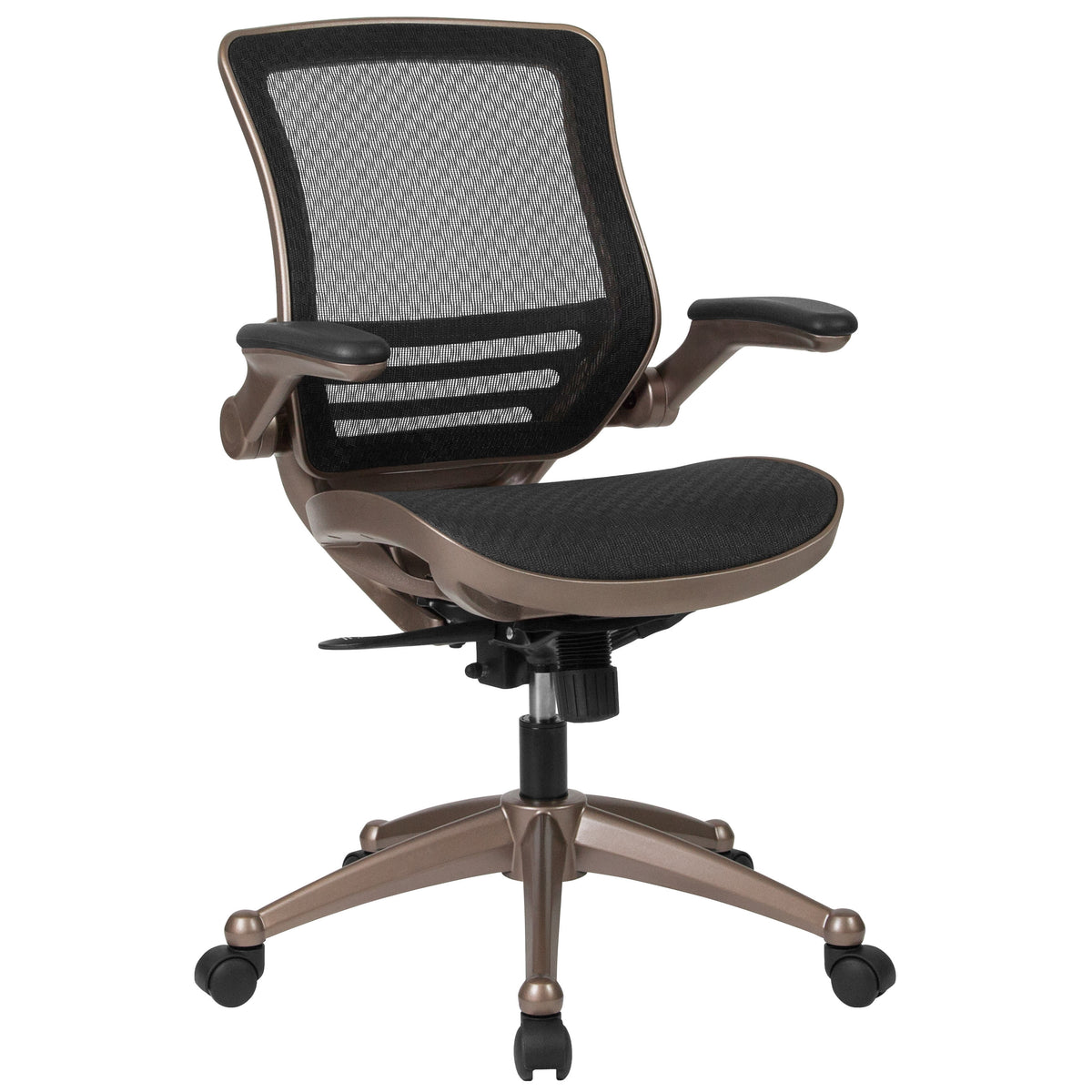Black Mesh/Gold Frame |#| Black Mid-Back Mesh Executive Office Chair with Gold Frame and Flip-Up Arms