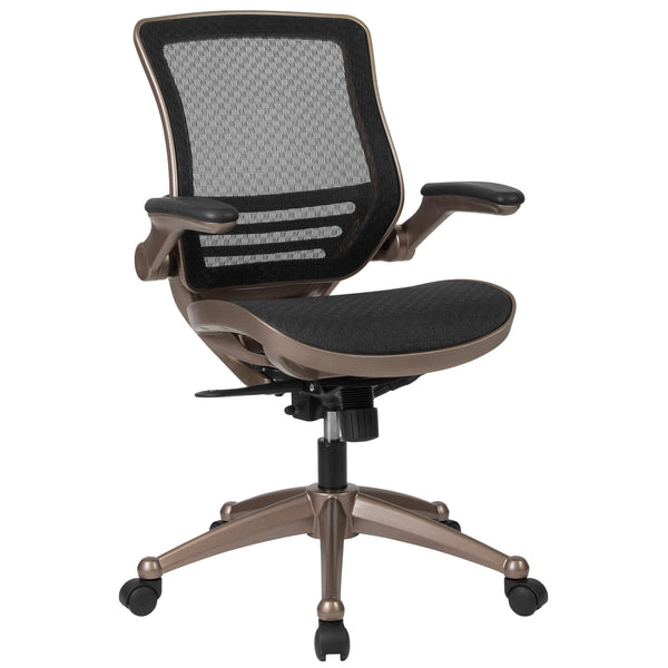 Black Mesh/Gold Frame |#| Black Mid-Back Mesh Executive Office Chair with Gold Frame and Flip-Up Arms