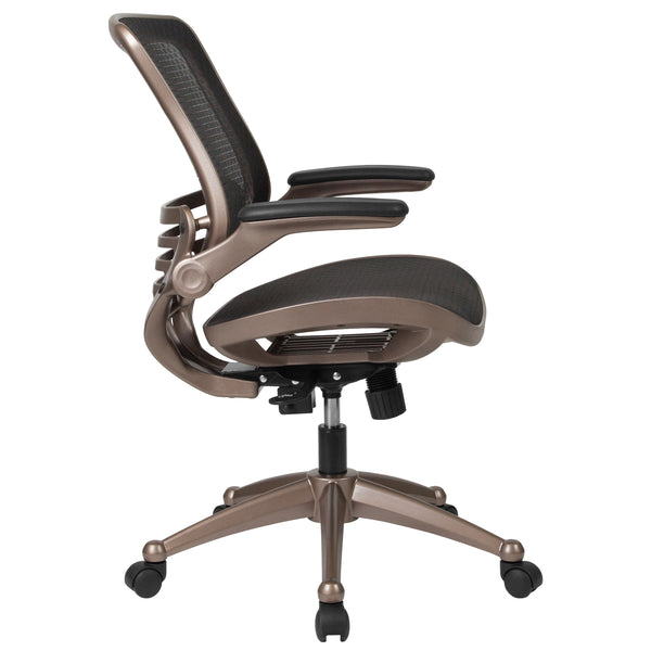 Black Mesh/Gold Frame |#| Black Mid-Back Mesh Executive Office Chair with Gold Frame and Flip-Up Arms