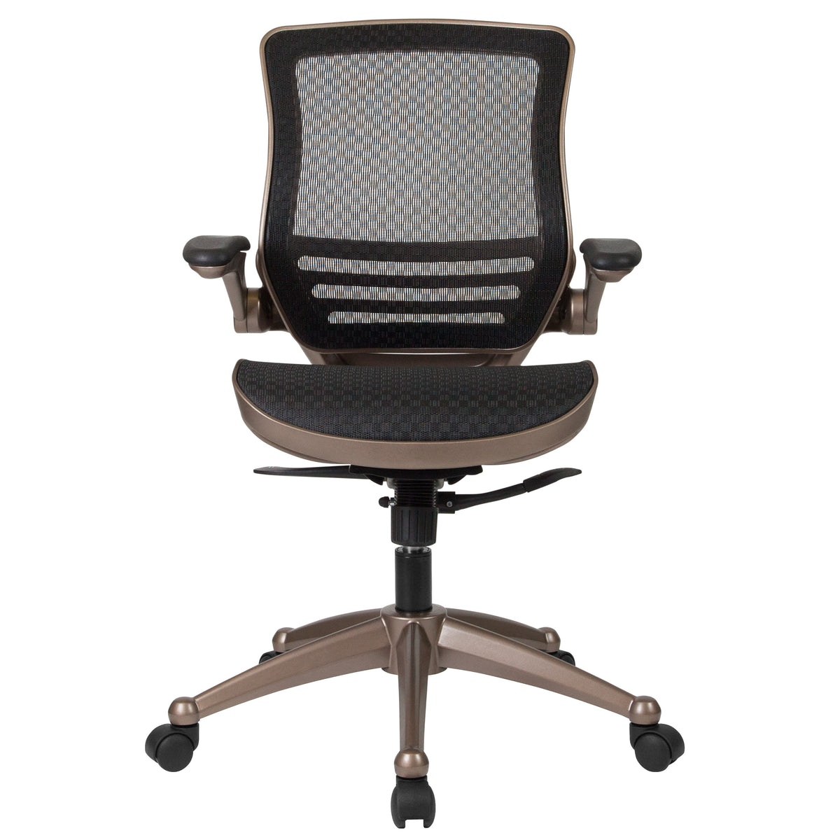 Black Mesh/Gold Frame |#| Black Mid-Back Mesh Executive Office Chair with Gold Frame and Flip-Up Arms