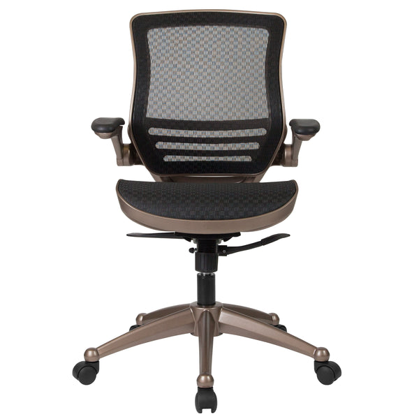 Black Mesh/Gold Frame |#| Black Mid-Back Mesh Executive Office Chair with Gold Frame and Flip-Up Arms