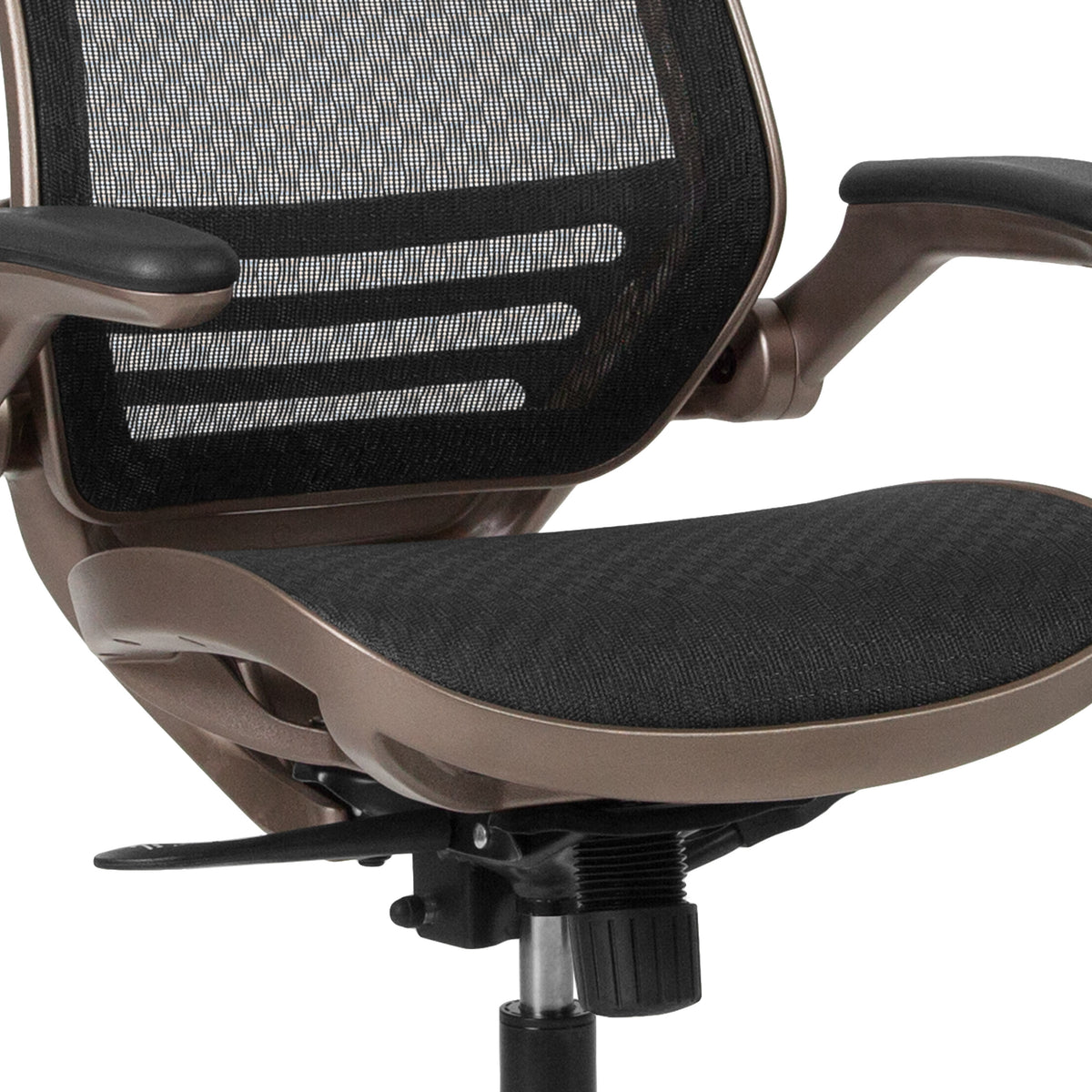 Black Mesh/Gold Frame |#| Black Mid-Back Mesh Executive Office Chair with Gold Frame and Flip-Up Arms