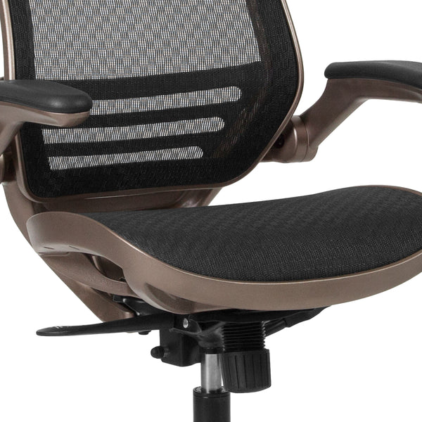 Black Mesh/Gold Frame |#| Black Mid-Back Mesh Executive Office Chair with Gold Frame and Flip-Up Arms