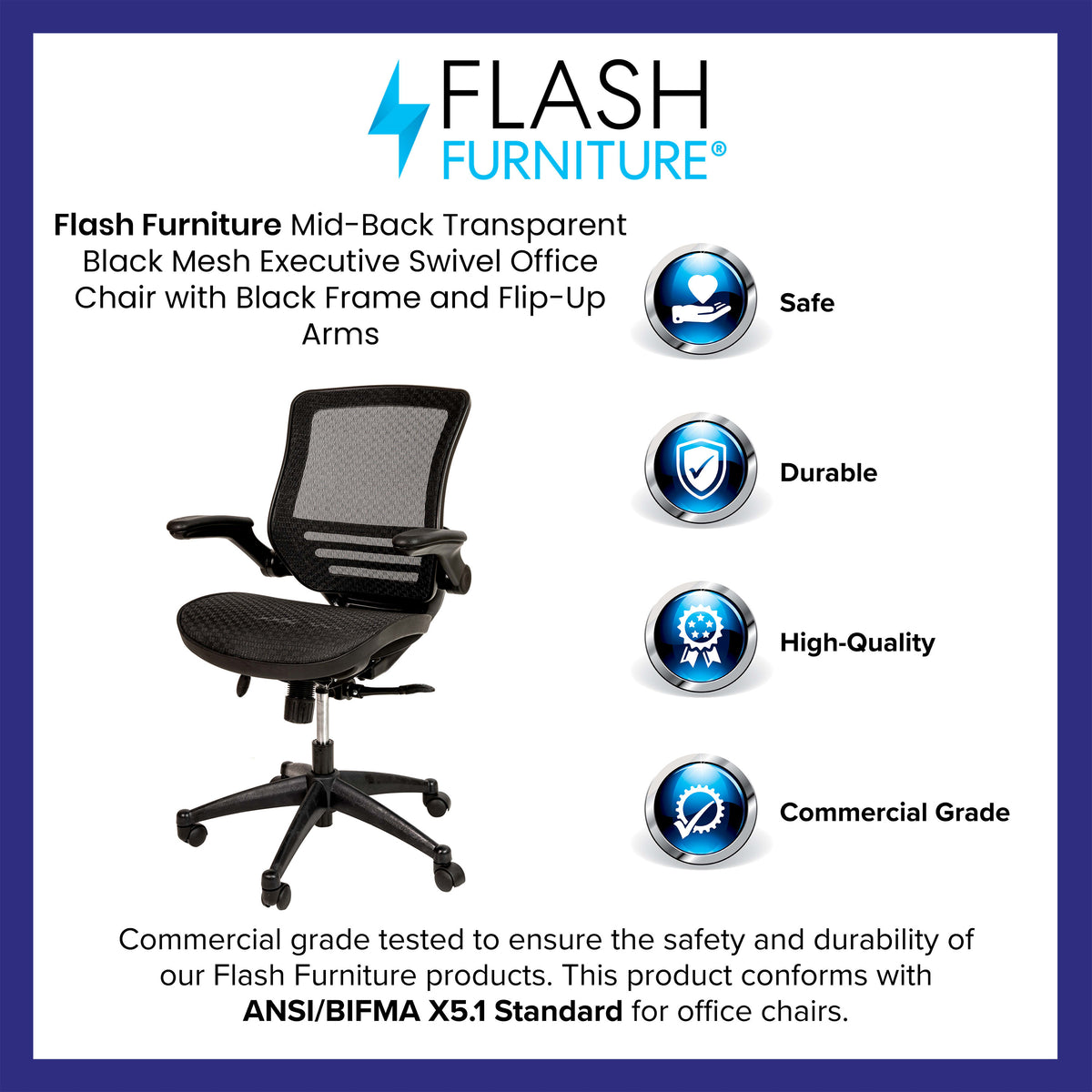 Black Mesh/Black Frame |#| Black Mid-Back Mesh Executive Office Chair with Black Frame and Flip-Up Arms