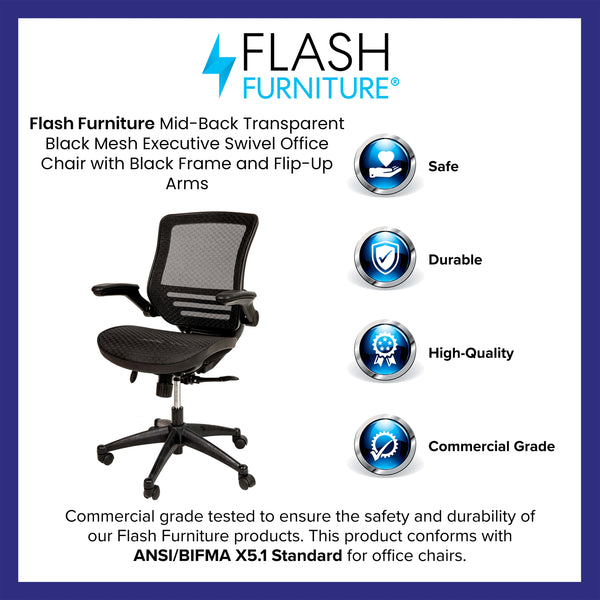 Black Mesh/Black Frame |#| Black Mid-Back Mesh Executive Office Chair with Black Frame and Flip-Up Arms