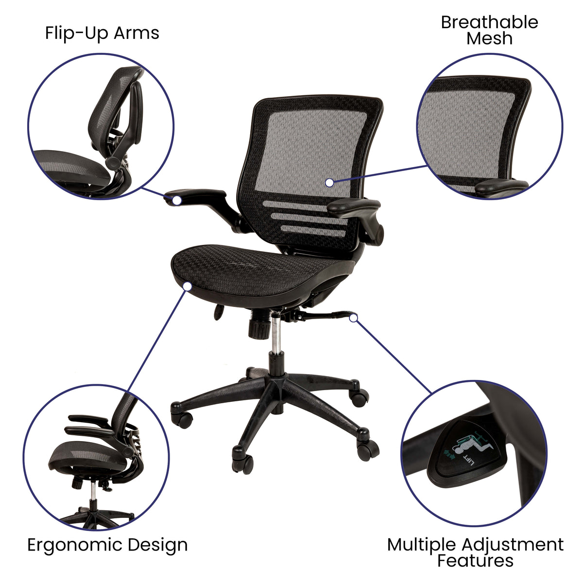 Black Mesh/Black Frame |#| Black Mid-Back Mesh Executive Office Chair with Black Frame and Flip-Up Arms