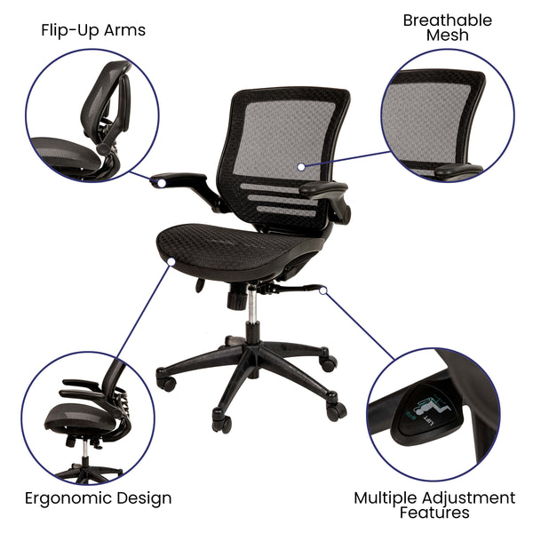 Black Mesh/Black Frame |#| Black Mid-Back Mesh Executive Office Chair with Black Frame and Flip-Up Arms