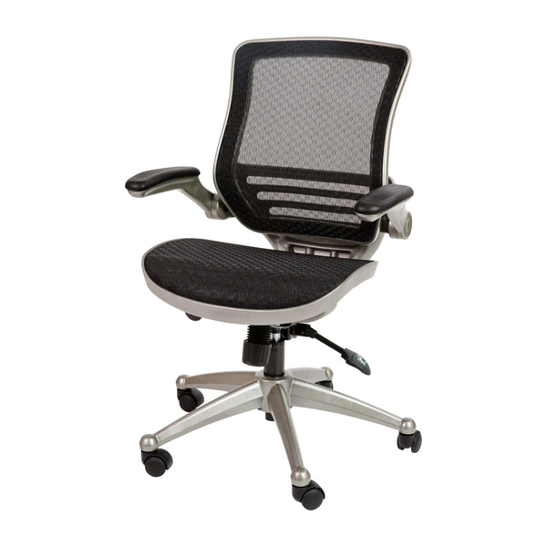 Black Mesh/Graphite Silver Frame |#| Black Mid-Back Mesh Executive Office Chair with Graphite Frame and Flip-Up Arms