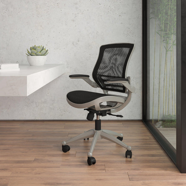 Black Mesh/Graphite Silver Frame |#| Black Mid-Back Mesh Executive Office Chair with Graphite Frame and Flip-Up Arms