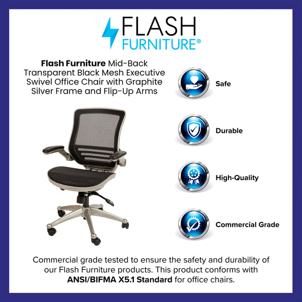 Black Mesh/Graphite Silver Frame |#| Black Mid-Back Mesh Executive Office Chair with Graphite Frame and Flip-Up Arms