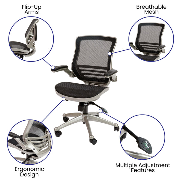 Black Mesh/Graphite Silver Frame |#| Black Mid-Back Mesh Executive Office Chair with Graphite Frame and Flip-Up Arms