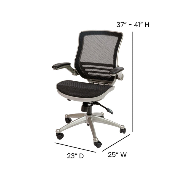 Black Mesh/Graphite Silver Frame |#| Black Mid-Back Mesh Executive Office Chair with Graphite Frame and Flip-Up Arms