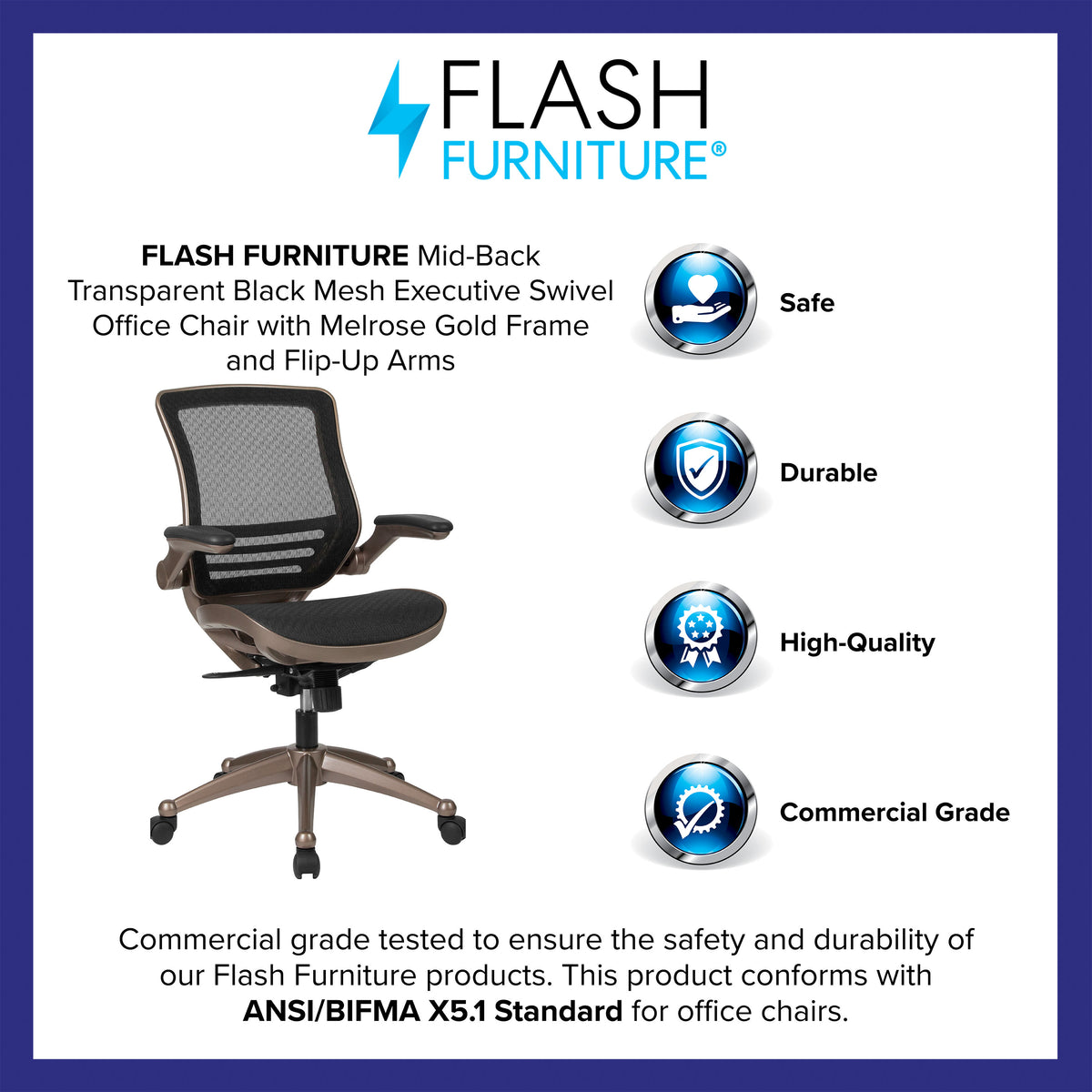 Black Mesh/Gold Frame |#| Black Mid-Back Mesh Executive Office Chair with Gold Frame and Flip-Up Arms
