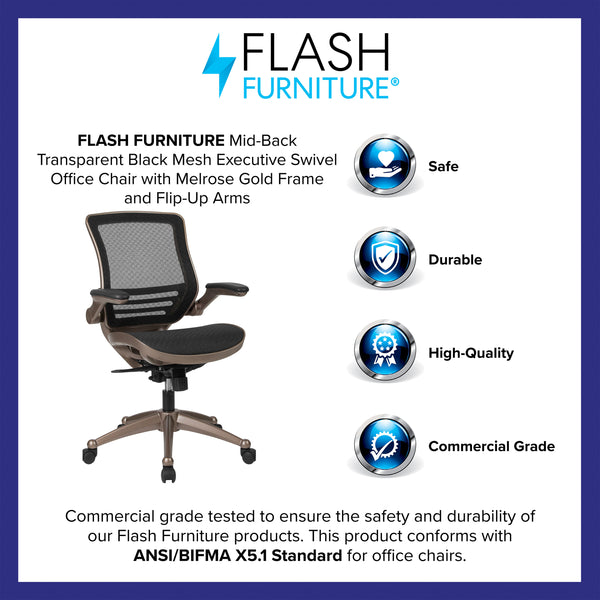 Black Mesh/Gold Frame |#| Black Mid-Back Mesh Executive Office Chair with Gold Frame and Flip-Up Arms