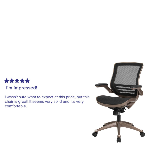 Black Mesh/Gold Frame |#| Black Mid-Back Mesh Executive Office Chair with Gold Frame and Flip-Up Arms