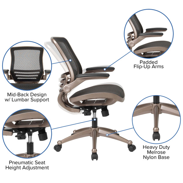 Black Mesh/Gold Frame |#| Black Mid-Back Mesh Executive Office Chair with Gold Frame and Flip-Up Arms
