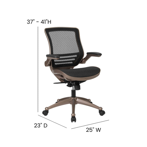 Black Mesh/Gold Frame |#| Black Mid-Back Mesh Executive Office Chair with Gold Frame and Flip-Up Arms