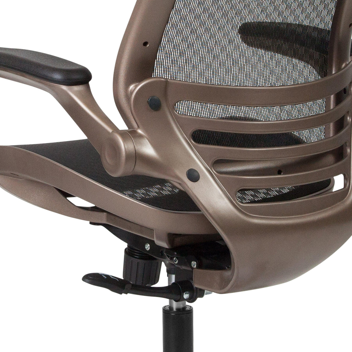 Black Mesh/Gold Frame |#| Black Mid-Back Mesh Executive Office Chair with Gold Frame and Flip-Up Arms
