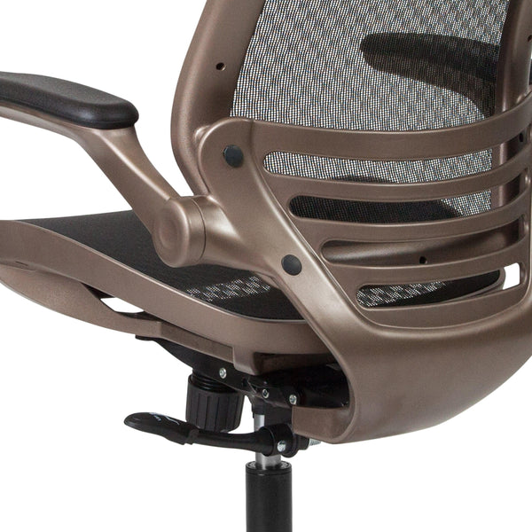 Black Mesh/Gold Frame |#| Black Mid-Back Mesh Executive Office Chair with Gold Frame and Flip-Up Arms