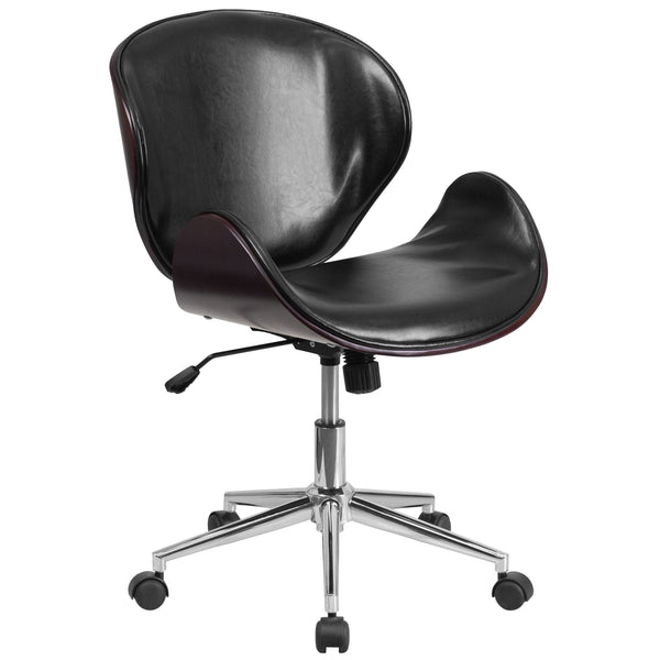 Black LeatherSoft/Mahogany Frame |#| Mid-Back Mahogany Wood Conference Office Chair in Black LeatherSoft