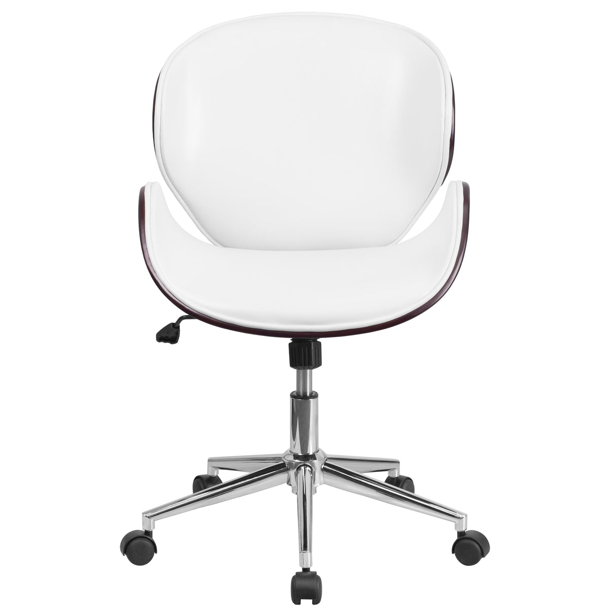 White LeatherSoft/Mahogany Frame |#| Mid-Back Mahogany Wood Conference Office Chair in White LeatherSoft