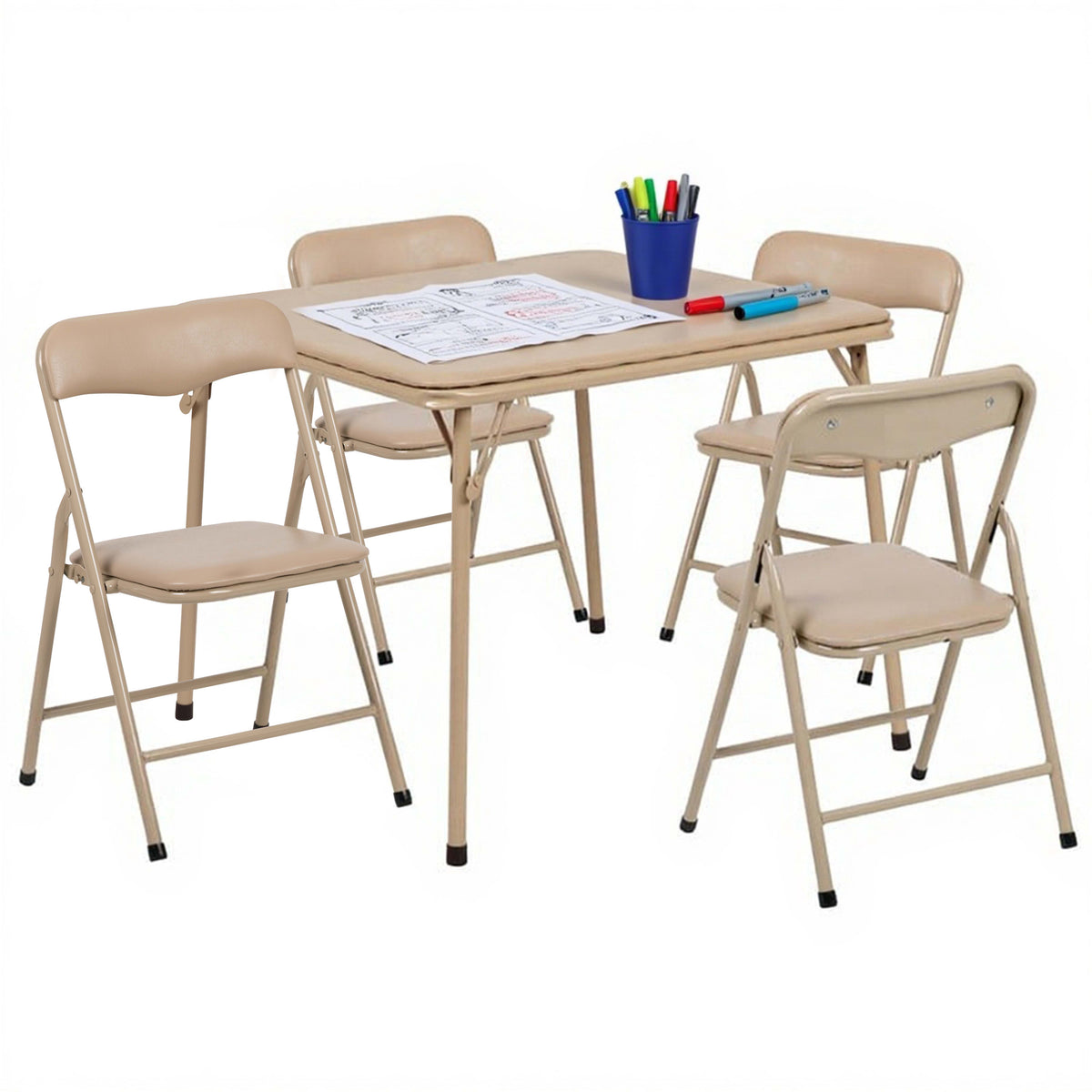 Tan |#| Kids Tan 5 Piece Folding Table and Chair Set - Kids Activity Table Set