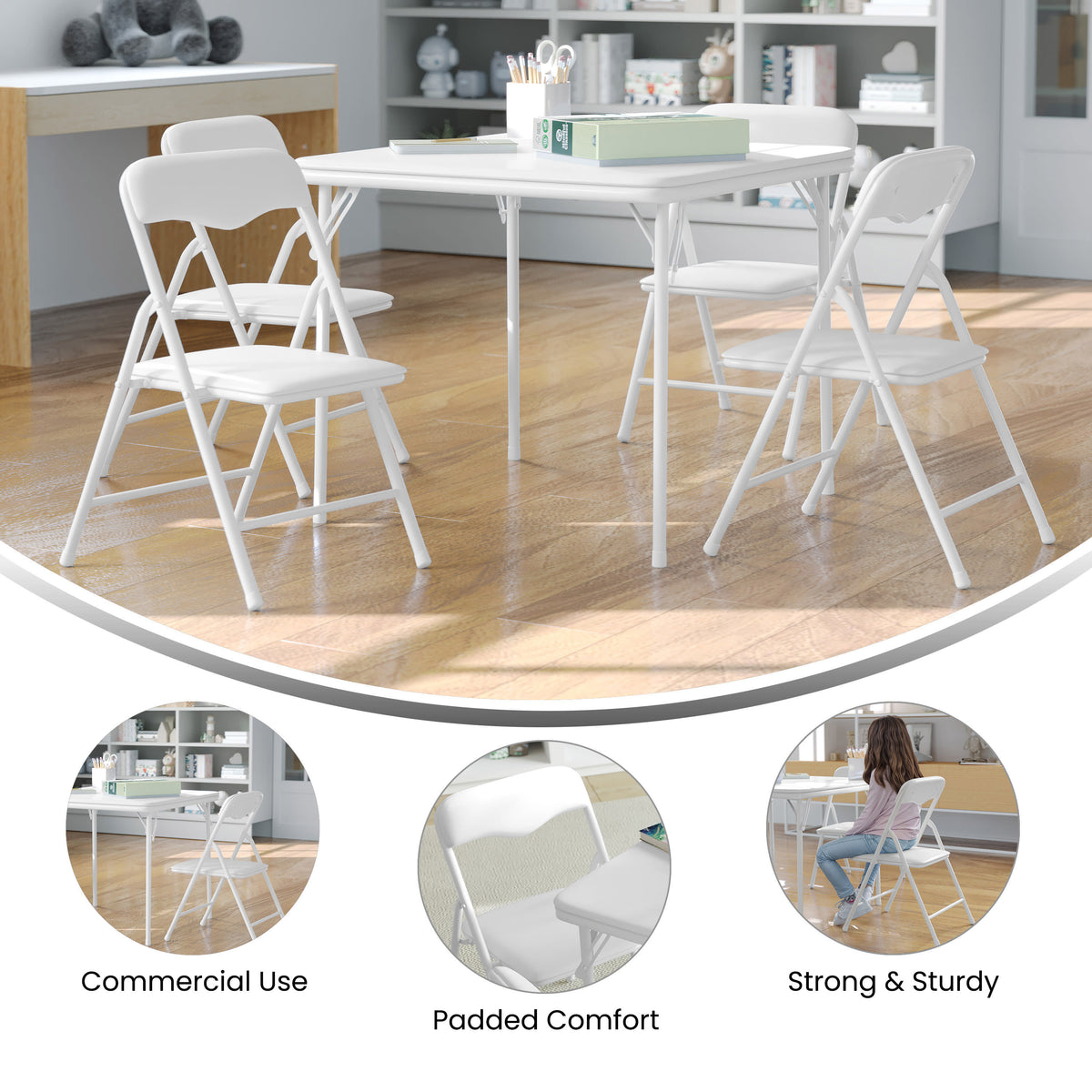 White |#| Kids White 5 Piece Folding Activity Table and Chair Set for Home & Daycare