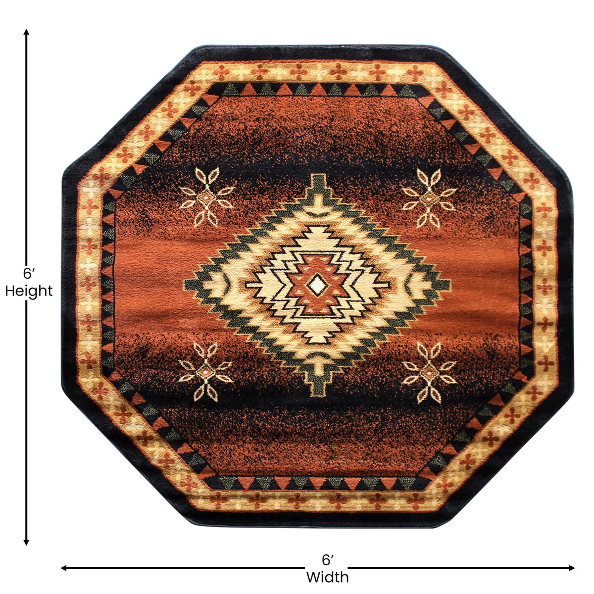 Black,5' Octagon |#| Indoor Southwestern Themed Black 5x5 Round Area Rug for Multiple Flooring Types