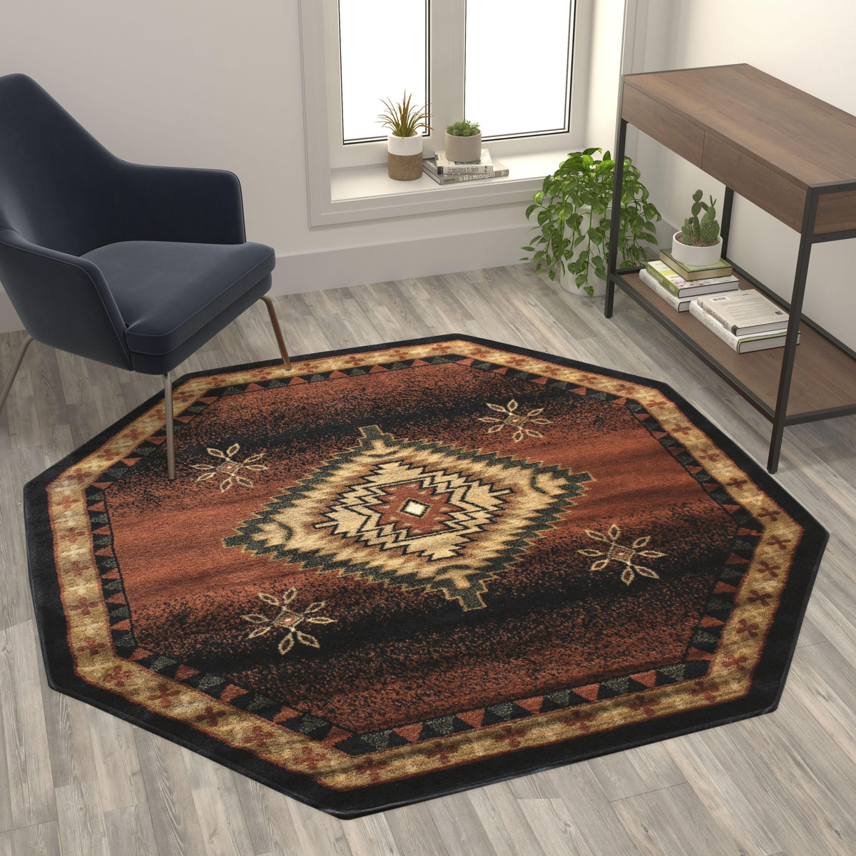 Black,5' Octagon |#| Indoor Southwestern Themed Black 5x5 Round Area Rug for Multiple Flooring Types