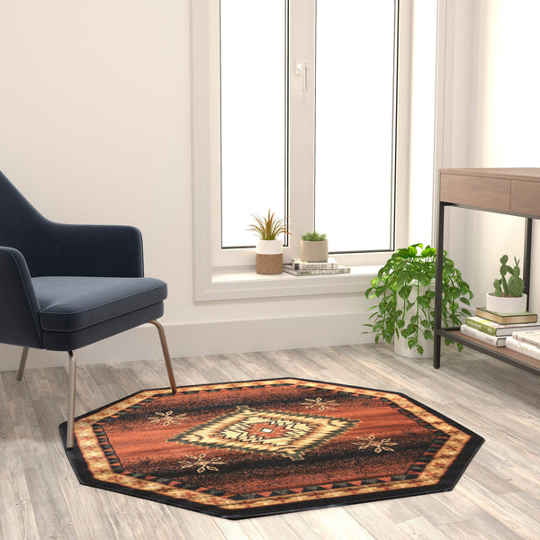 Brown,4' Octagon |#| Indoor Southwestern Themed Black 4x4 Round Area Rug for Multiple Flooring Types