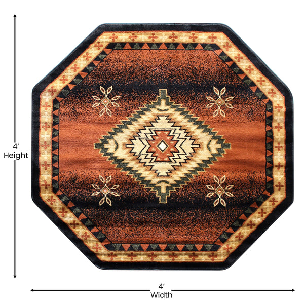 Brown,4' Octagon |#| Indoor Southwestern Themed Black 4x4 Round Area Rug for Multiple Flooring Types