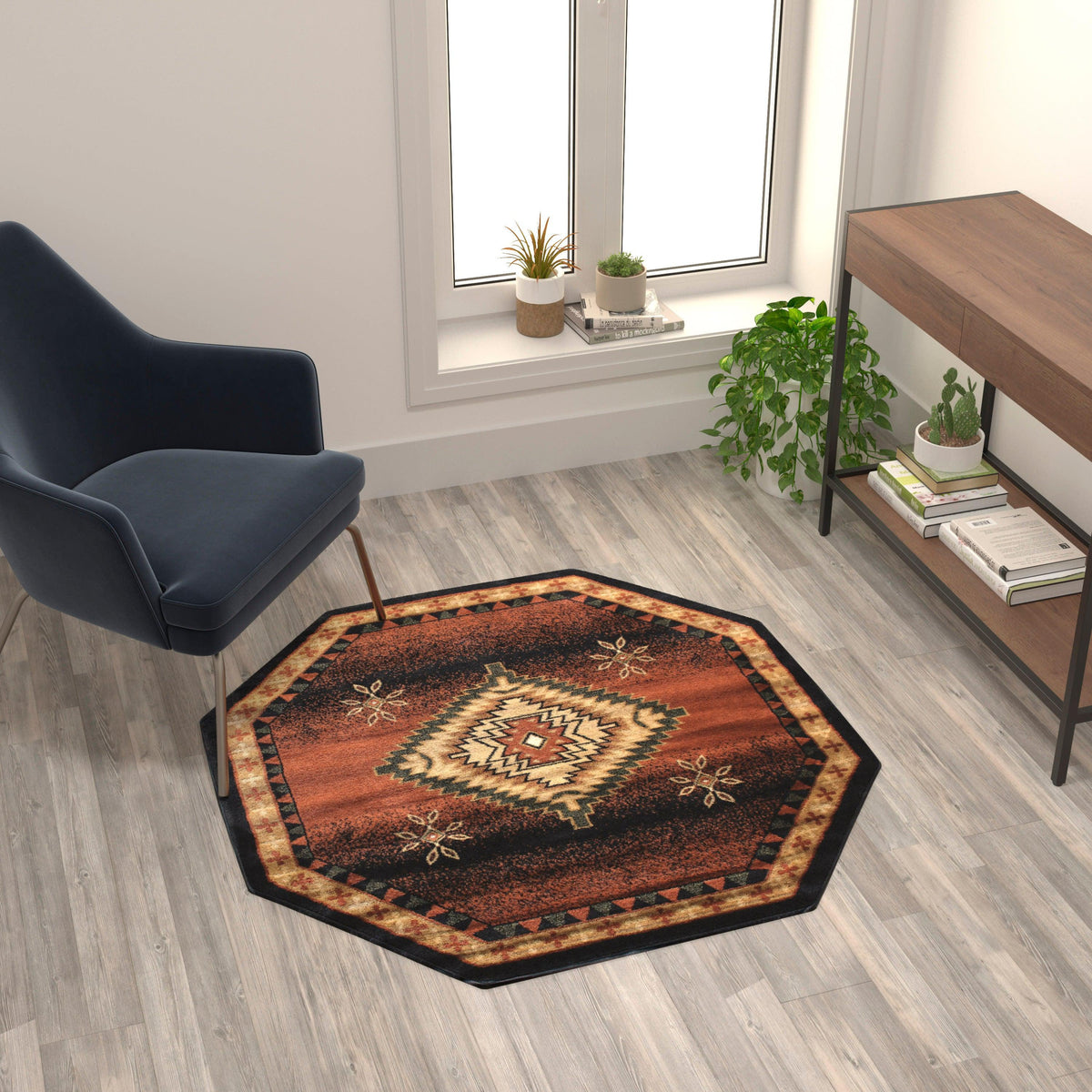 Brown,4' Octagon |#| Indoor Southwestern Themed Black 4x4 Round Area Rug for Multiple Flooring Types