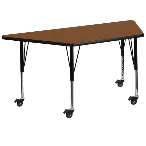 Oak |#| Mobile 22.5inchW x 45inchL Trapezoid Oak HP Laminate Adjustable Leg Activity Table
