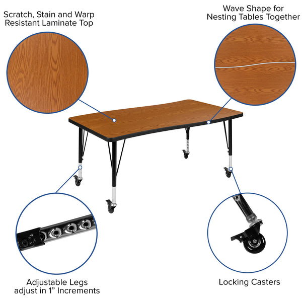 Oak |#| Mobile 28inchWx47.5inchL Wave Collaborative Oak Kids Adjustable Activity Table