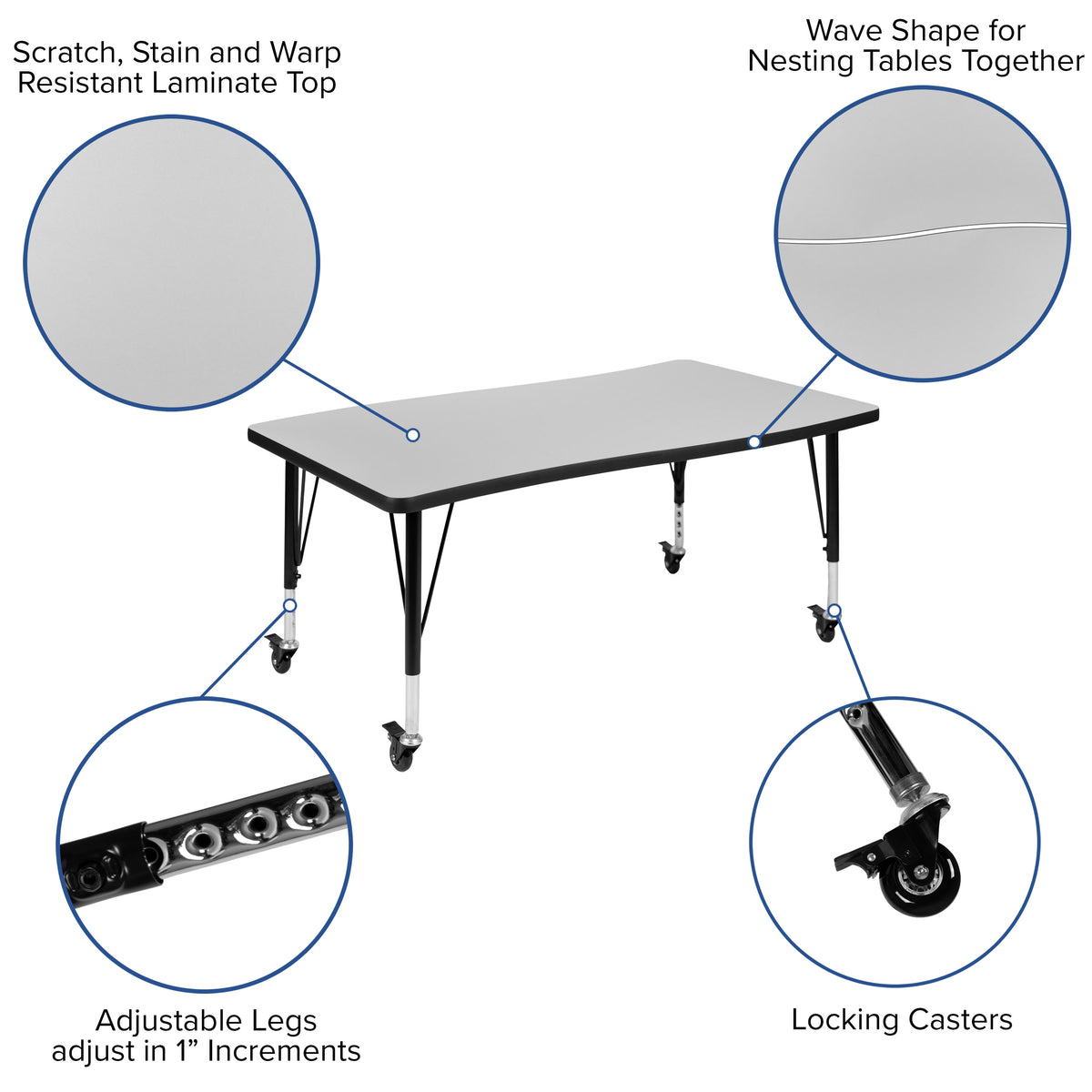 Grey |#| Mobile 28inchWx47.5inchL Wave Collaborative Grey Kids Adjustable Activity Table