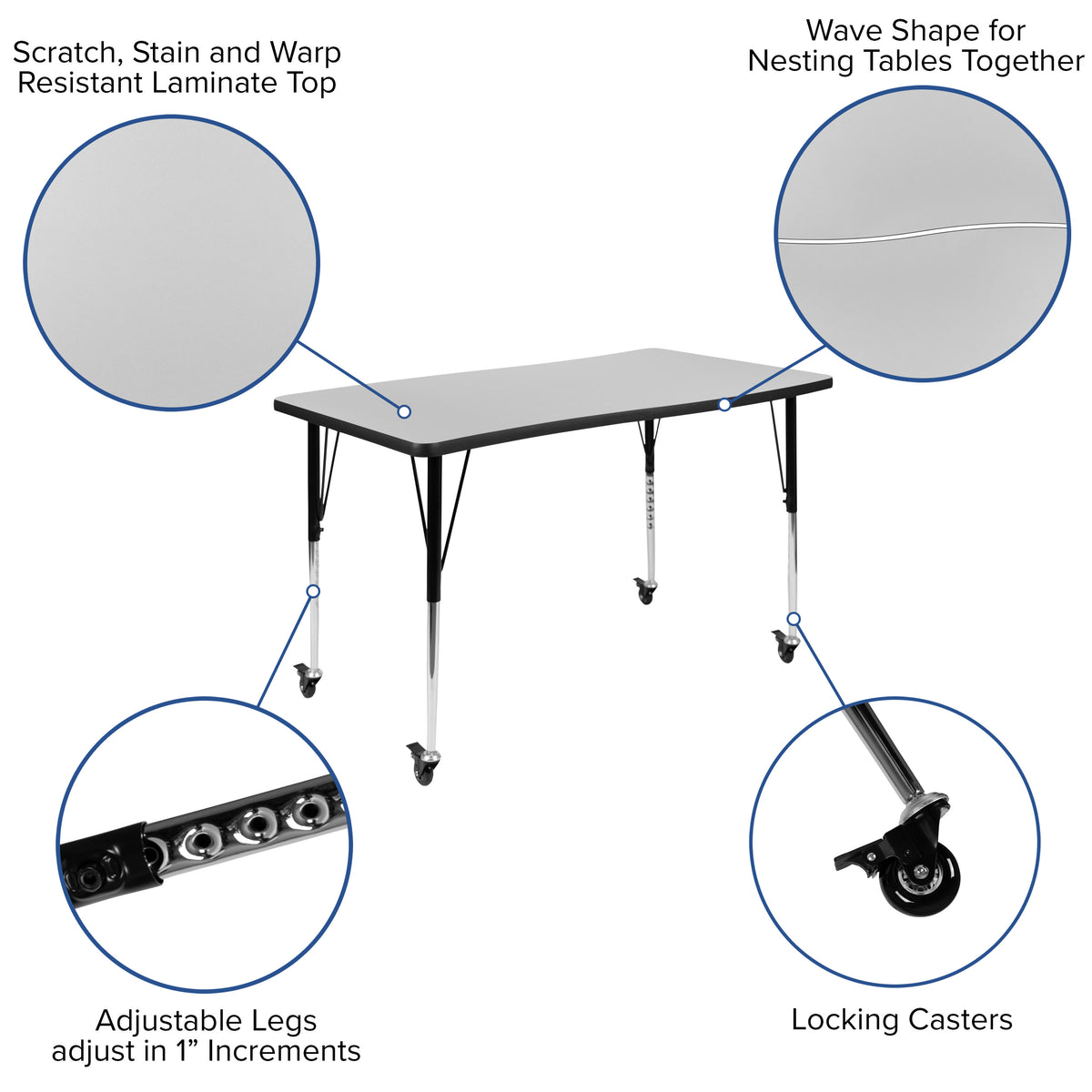 Grey |#| Mobile 28inchWx47.5inchL Rectangular Wave Collaborative Grey Adjustable Activity Table