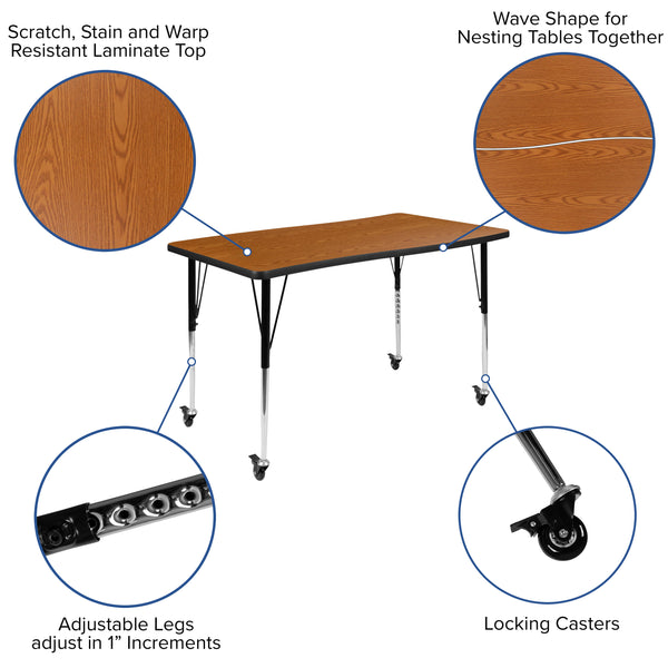 Oak |#| Mobile 28inchWx47.5inchL Rectangular Wave Collaborative Oak Adjustable Activity Table