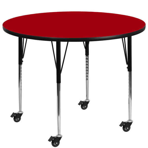 Red |#| Mobile 42inch Round Red Thermal Laminate Activity Table - Height Adjustable Legs