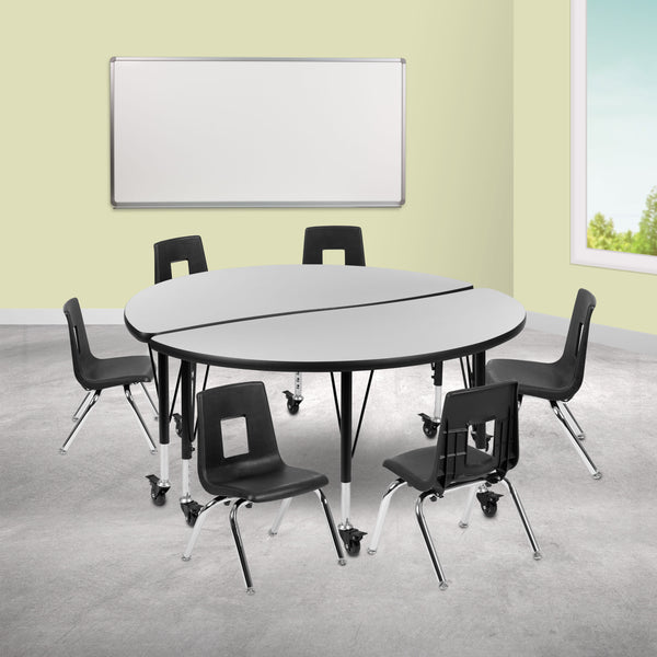 Grey |#| Mobile 47.5inch Circle Wave Activity Table Set-12inch Student Stack Chairs, Grey/Black