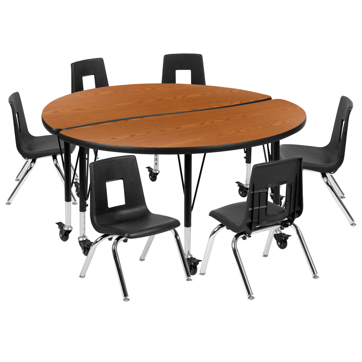 Oak |#| Mobile 47.5inch Circle Wave Activity Table Set-14inch Student Stack Chairs, Oak/Black