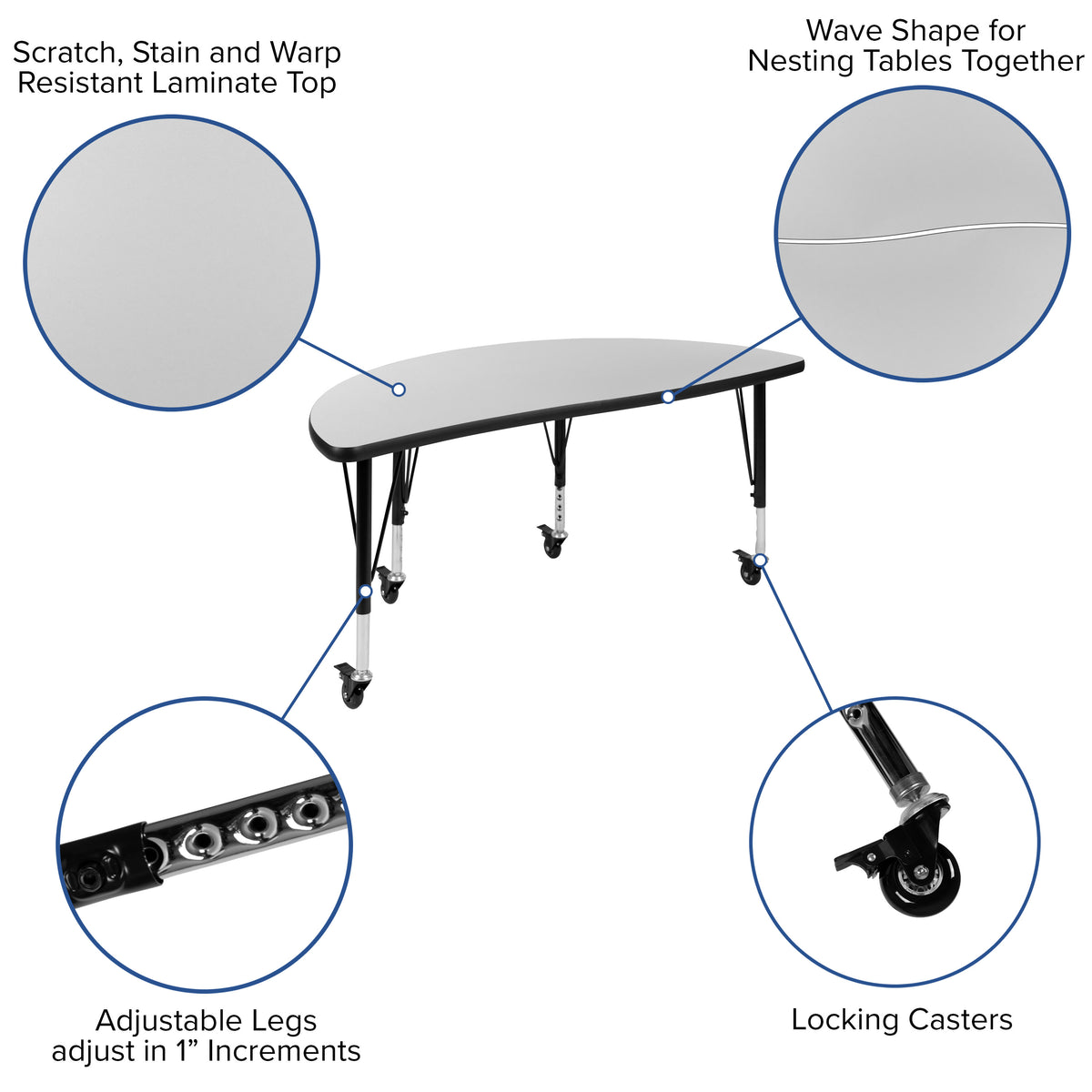 Grey |#| Mobile 47.5inch Circle Wave Activity Table Set-14inch Student Stack Chairs, Grey/Black
