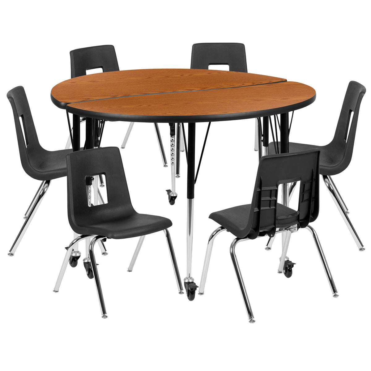 Oak |#| Mobile 47.5inch Circle Wave Activity Table Set-16inch Student Stack Chairs, Oak/Black