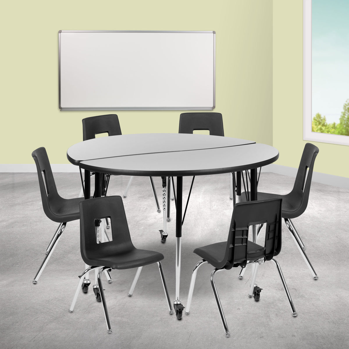 Grey |#| Mobile 47.5inch Circle Wave Activity Table Set-16inch Student Stack Chairs, Grey/Black